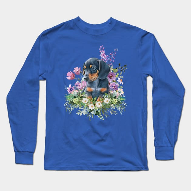 Wild Flower Dachshund Puppy Long Sleeve T-Shirt by Weenie Riot